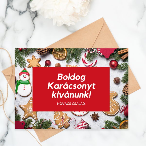 Karácsonyi üdvözlőkártya - egyedi üdvözlőkártya csokoládécsomagod mellé boldog karacsonyt piros demeter udvozlokartya