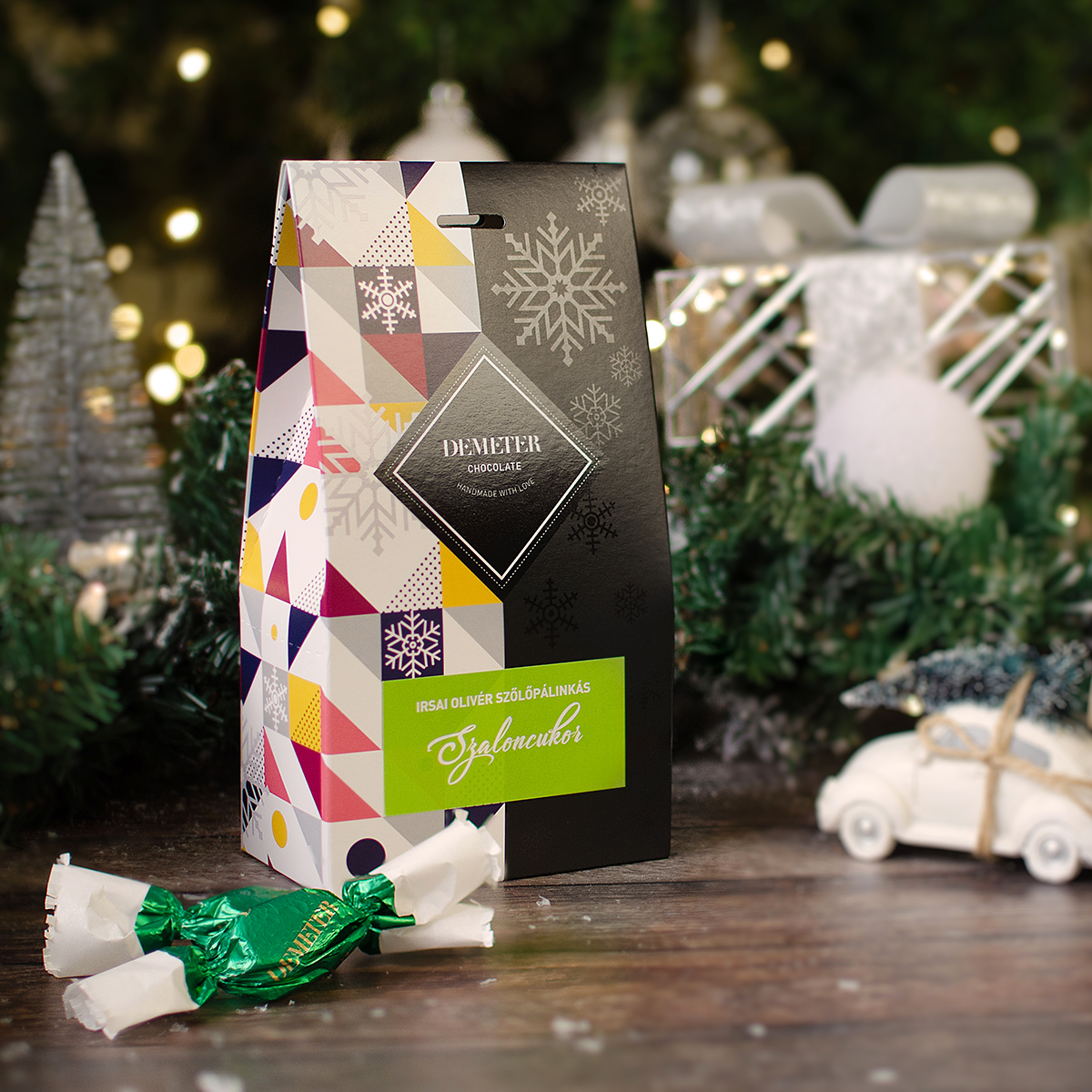Irsai Olivér szőlőpálinkás szaloncukor díszdobozban