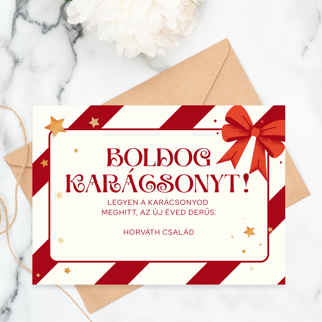 Karácsonyi masnis piros üdvözlőkártya