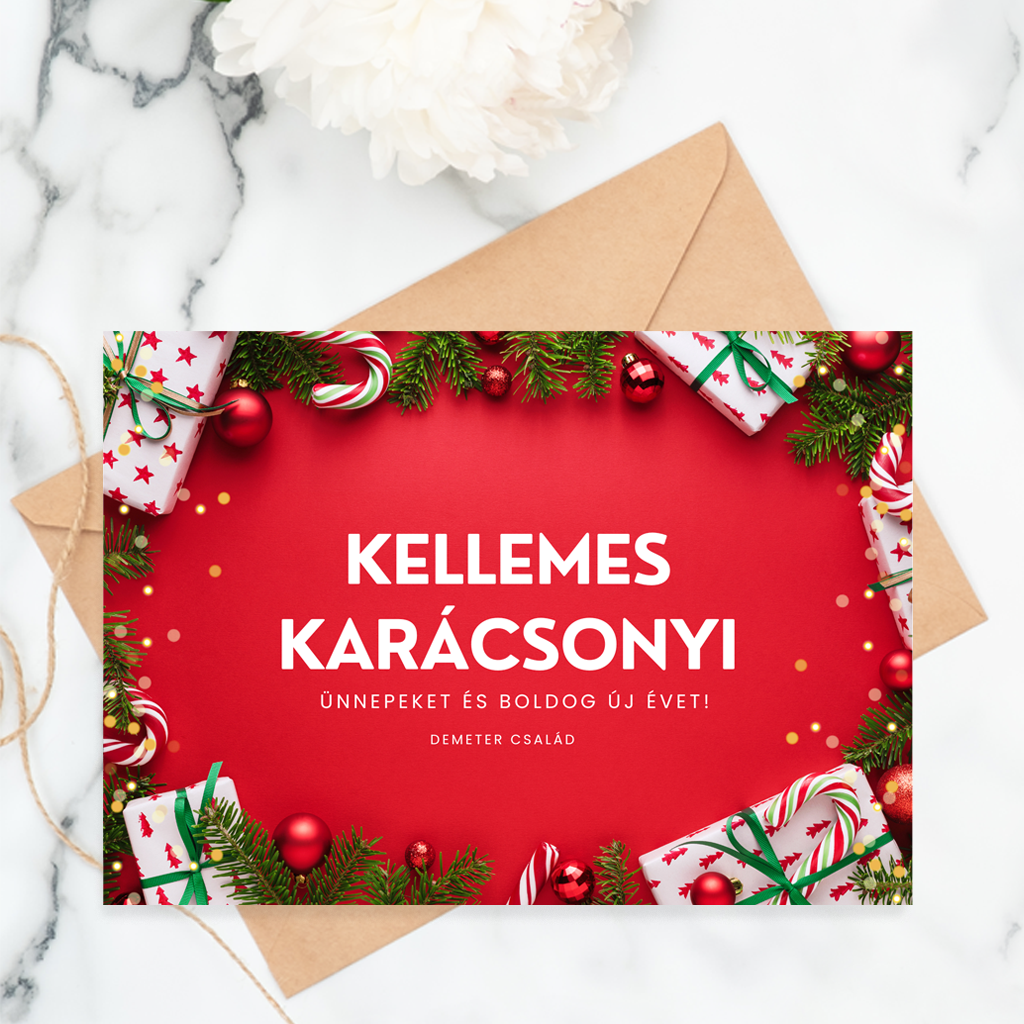 Karácsonyi piros üdvözlőkártya